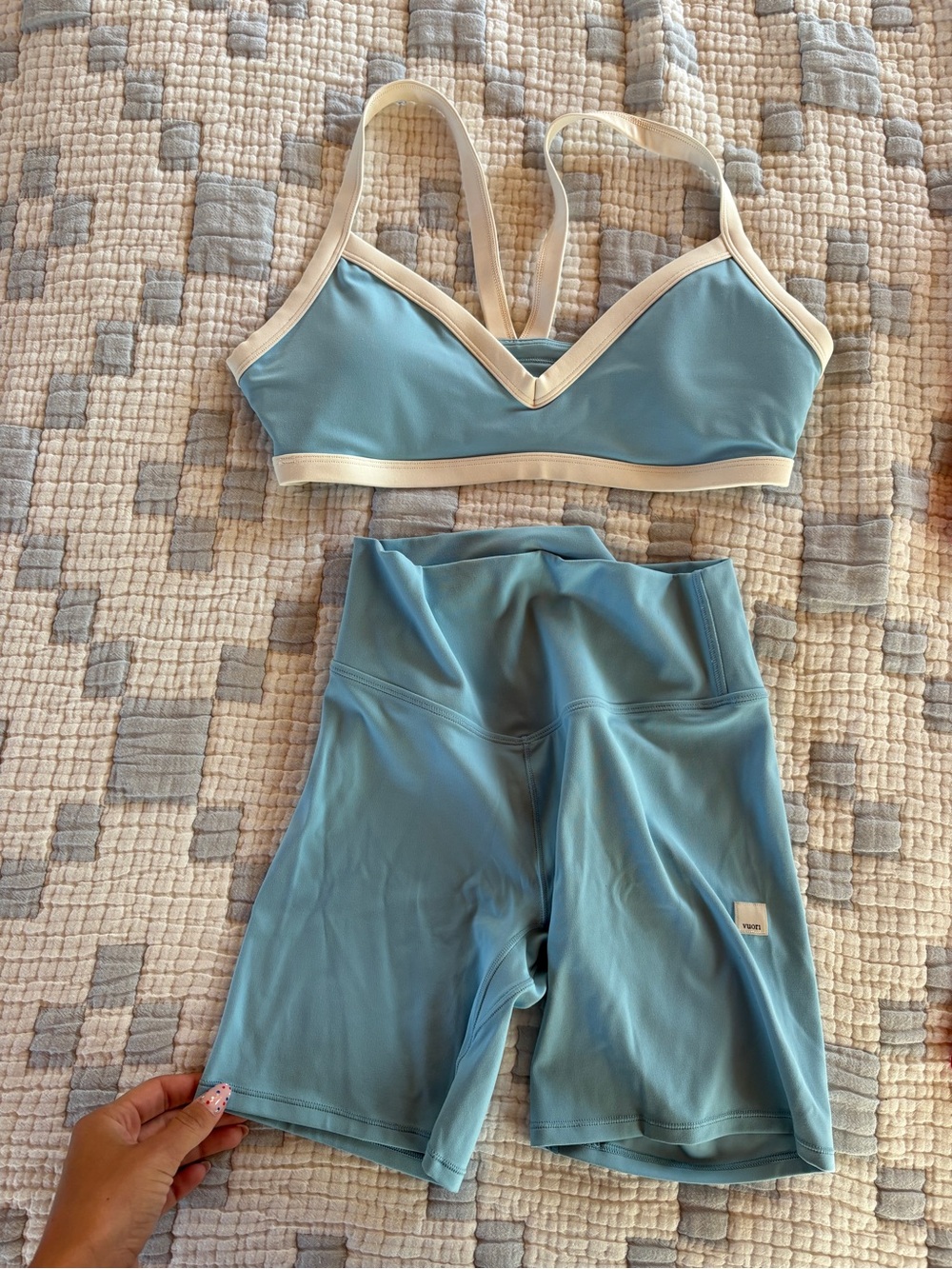 Vuori Light Blue Sports Bralette & High-Waist Bike Shorts Set with Cream Trim